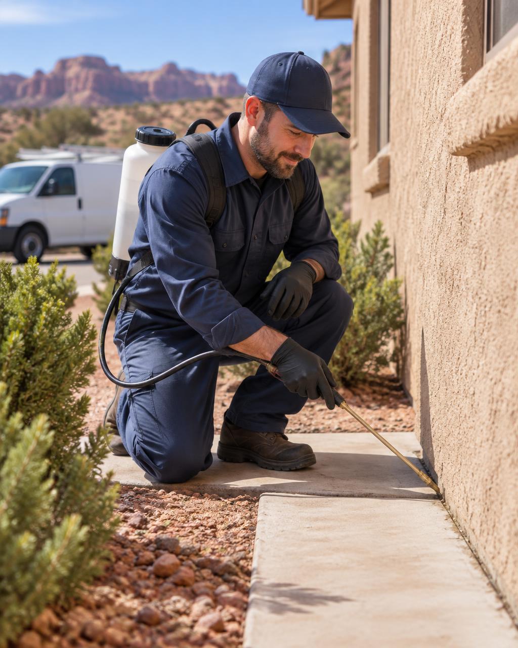 A technician treating the foundation line of a Southern Utah home